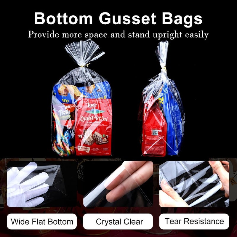 ZIMCEMS 50Pcs 10X14 inch Bottom Gusset Bags Clear Cellophane Gift Wrap Bags Basket Wrapping Plastic Large Cello Bags for Party Favors Treats Mug with 5" Twist Ties - Image 3